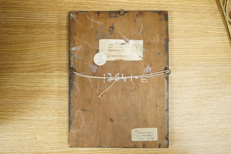 John McKenzie (1897-1972), relief carved slate plaque, ‘Inheritance’, initialled, ink inscription verso, 27cm high. Condition - good